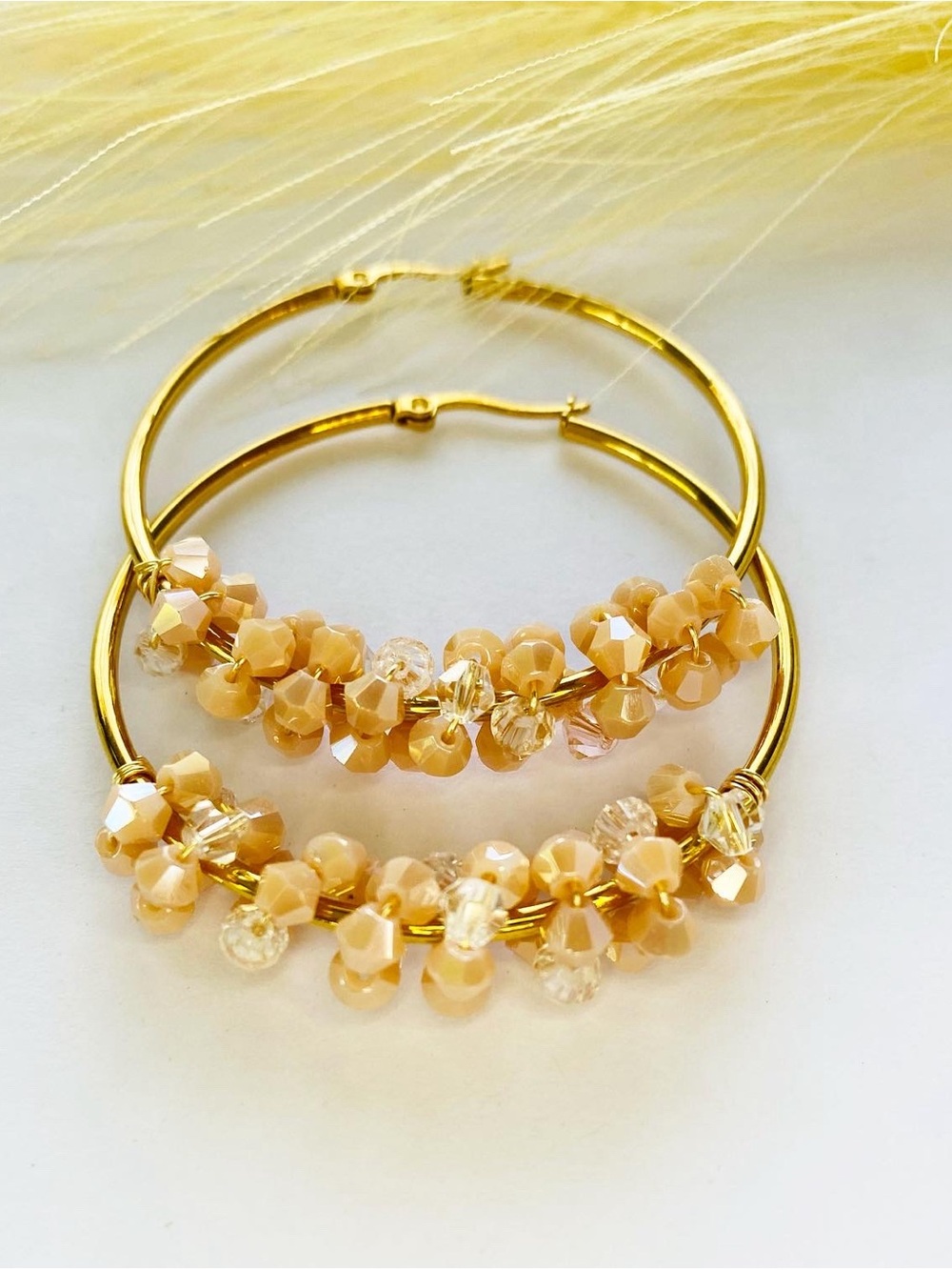 Gold Hoop Earrings with Beige Crystal Beads
